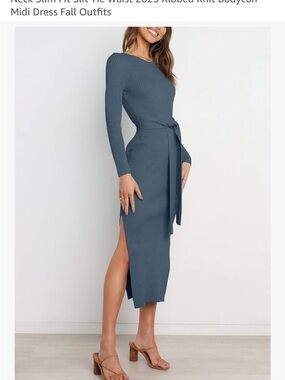 Ribbed Knit Midi Dress with Waist Tie - Slate Blue